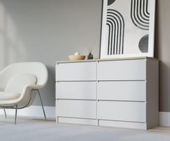 Komoda 3xEliving DEMI su 6 stalčiais, 120 cm, spalva: Balta/viršutinė sonoma