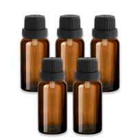 Rudas 20 ml stiklinis buteliukas su lašintuvu ir juodu dangteliu, 5 vnt. rinkinys