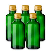 Žalia 50 ml stiklinė butelė su auksiniu aliuminio dangteliu, 5 vnt. rinkinys