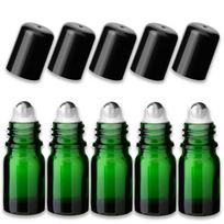 Žalia 5 ml stiklinė roll-on buteliukų rinkinys su nerūdijančio plieno kamuoliuku ir juodu dangteliu, 5 vnt.