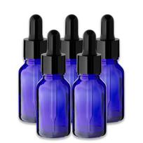 Mėlyna stiklinių buteliukų rinkinys 15 ml su juoda pipete, 5 vnt.