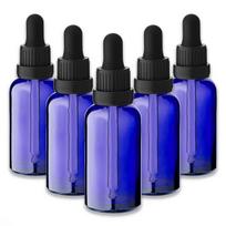 Mėlyna 30 ml stiklinė buteliukų rinkinys su pipete ir juodu dangteliu, 5 vnt.