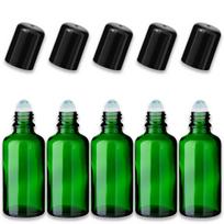 Žalio stiklo 50 ml roll-on butelis su juodu dangteliu, 5 vnt. rinkinys