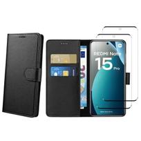 Xiaomi Redmi Note 15 PRO 4G dėklas ir 2 grūdinti stiklai - Juodas piniginės dėklas su magnetiniu užsegimu, kortelių laikiklis Phonillico®