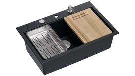 Virtuvinė plautuvė Quadron Marc 1, granitas, 76 cm x 50 cm x 23.5 cm, juoda sp./plieno sp.