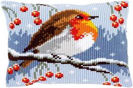 Vervaco kryželiu siuvinėjimo rinkinys: pagalvėlė: Red Robin žiemą, Cotton Na, 40 x 40 cm