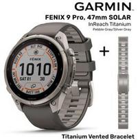 GARMIN Fenix 9 Pro 47mm Solar inReach, Titanium Pebble Gray/Silver + Vented Titanium Bracelet sportinis laikrodis 010-04338-01 / 010-12863-08