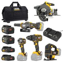 JCB JCB-18PKIT-8 profesionalus akumuliatorinių įrankių rinkinys statybai ir remontui 18V bešepetėlis 5 įrankiai 160Nm 230Nm 185mm 115mm 2x2Ah 2x5Ah