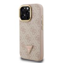 Guess PU 4G Strass Triangle Logo Stand Camera Frame MagSafe Case for iPhone 15 Pro Max / Pink