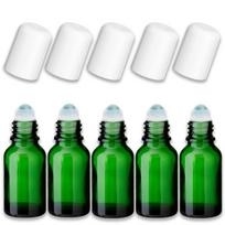 Žalia 15 ml stiklinė roll-on butelė su baltu rutuliuku, 5 vnt. rinkinys