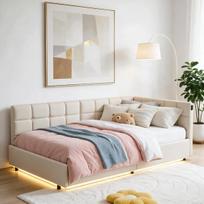 Lova su Čiužinys, 90 x 200 cm su LED, viengulė lova sofa lova su ir Hidraulinis kaupimas, aksomas, smėlio spalvos