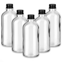 Stiklinis butelis 100 ml, bespalvis su juodu aliuminio dangteliu, 5 vnt. rinkinys