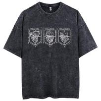 Fashion Streetwear Black Washed Vintage Tshirt Anime Attack On Titan Graphic Print Oversized T-Shirt Summer Casual Cotton Tshirt L black