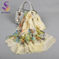 Purple Butterfly Print Chiffon Silk Scarf 160*55cm-Luxury Mulberry Silk Shawl For Women,Lightweight&Soft,Mother's Day Gift beige