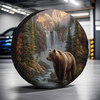 1pc 2D Flat-Printed Universal Tire Cover Featuring A Grizzly Bear By A Waterfall In A Mountain Forest, Made From Polyester Fabri 14inch