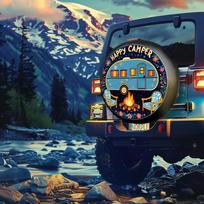 Vintage Camper Van Tire Cover With Happy Camper Design - Retro Camper Trailer & Campfire Graphic, Durable All-Weather Protection 14inch
