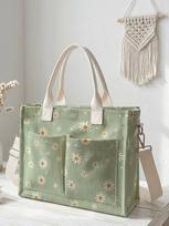 Sage Green Daisy Print Corduroy Tote Bag Large Capacity Multi Pocket Floral Lover Commuter Shoulder Bag white