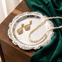 2pcs Golden Color Fruit Decorative Plate Carved Edge Round Food Tray  For Baked Goods