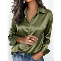 Satin Finish Long Sleeve Shirts Tops Fashion Women Single Breasted Lapel New Blouses Casual Office Lady Commute French Outwear S black