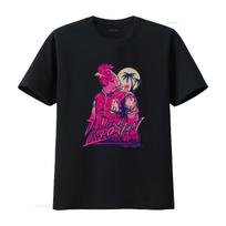 Hotline Miami Gaming T Shirt Richard Indie Rooster Print with Cityscape and Palm Trees Perfect XXL pink