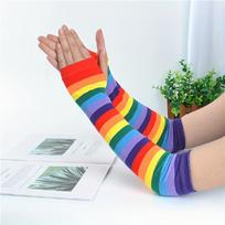 New Fashion Long Glove Arm Cover Classic Rainbow color Striped Fingerless Elbow Gloves Warmer Knitted Long Wristband blue