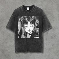 Retro Washed Black Cotton T-Shirt Gothic Horror Manga Girl with Spider Web Print Oversized Streetwear Tee S gray