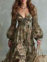 Vintage bubble sleeve ruffle edge cascade pendulum vacation style flower print deep V waist dress S gray