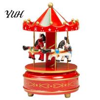 Mechanical Spinning Music Box Wooden Carousel with Rotating Merry-Go-Round Horses, Wind-Up Musical Figurine Desktop Gift for Her Home Decor, Birthday M