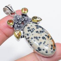 Dalmation Jasper, Citrine Gemstone 925 Sterling Silver Pendant 2.56 gray