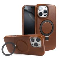 Stand Bracket Genuine Leather Case For iphone 16 Pro Max 16e 15pro 14 13 12 11 Full Wrapped Phone Cases Cover+Magnetic Holder Genuine Leather&iPhone 11 black