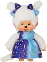 221240 Originalus Monchhichi mergaitė su žvaigždžių šviesos suknele, apie 20 cm minkštas žaislas pagamintas iš rudo pliušo