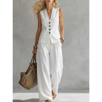 Women Sleeveless Blazer Vest Wide Leg Pants Set Solid Color Casual Workwear Trouser Suit 3XL tamsiai mėlyna