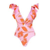 1011 European and American new V-neck ruffle edge printing one-piece swimsuit women's clothing explosion S