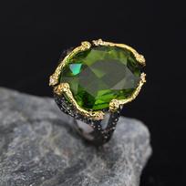 Retro Two-tone Black Gold Peridot Ladies Ring-oval Large Green Zircon-birthday Party-eye-catching Jewelry US-9 juoda