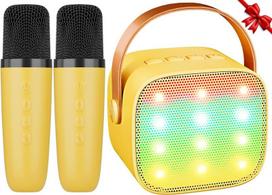 Karaoke mašina vaikams, mini karaoke mašina su 2 mikrofonais, bluetooth garsiakalbis su led lemputėmis ir balso keitikliu, dovana mergaitėms 3, 4, 5, 6, 7, 8, 9, 10, 11, 12+ metų (geltona)