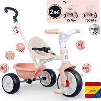 Smoby - Be Move Rosé - triratukas vaikams su stūmimo rankena, sėdyne su saugos diržu, metaliniu rėmu, pedalo laisvąja eiga, vaikams nuo 15 mėnesių