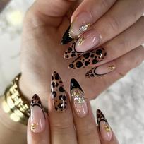 Wear armor almond-shaped black leopard print French edge water drop diamond gold chain steel ball decoration removable fake nails A13-01-11