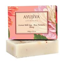 Muilas su kokosų pienu, rože, ciberžole ir medumi (100 g), Prabangus Klasikinis Kokosų Pieno Muilas su Rože, Ciberžole, Medumi, Ayujiva Ayurveda 16.2375 beige