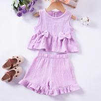 Toddler Girls Muslin Cotton Suits Solid Bow Vest+Shorts 2pcs Clothes Sets Sleeveless Cute Casual Baby Girls Outfits 80 geltona