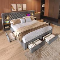 Upholstered Double Bed 160×200 cm with 2 Nightstands, 4 Drawers, Headboard Light with USB Charging, Grey, Velvet (Without Mattress) 209 x 246.5 x 105 cm