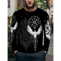 Men's Crew Neck Long Sleeve T-Shirt with Norse Mythology Raven Totem and Mysterious Symbol Print Fashion Casual Versatile Top S gray