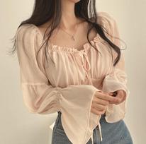 Korean chic early spring French niche fungus edge lace-up square collar waist horn sleeve chiffon shirt short shirt women S
