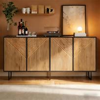 Living Room Sideboard (160 x 40 x 75 cm) with 4 Doors, Vacuum-Formed, Natural Wood and Black Coloring, 3 Support Legs, 160 cm Wide 160 x 40 x 75 cm