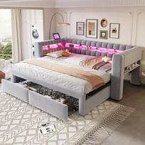 Apmuštas sofa-lova 90/180 × 190 cm, su ištraukiama lova ir stalčiais, saugojimo skyriais, LED apšvietimu, USB ir Type-C prievadais, švelniai pilkos spalvos aksomas 210 x 109 x 80 cm šviesiai pilka spalva