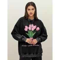 Tulipė Švelnus Neutralus Raštas Moteriškas Skalbtas Džemperis Rudens Laisvalaikio Sportinė Apranga Laisvi Drabužiai Streetwear 3XL pink