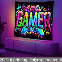 Gamer Wall Tapestry, Neon Game Controller & Colorful Graffiti Art, Fun Room Decor For Gamer & Teen Bedroom 95x73cm blue
