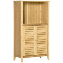 Bamboo Bathroom Storage Cabinet with 2 Doors, Open Compartment and Adjustable Shelf, 50x25.5x92 cm, Natural