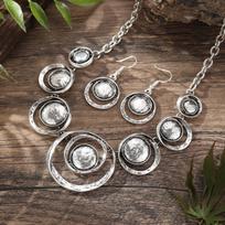 New retro hollow round earrings necklace set, personalized antique silver round earrings necklace set gray