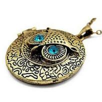 Women's Blue Rhinestone Vintage Locket Pendant Eye Owl Long Chain Necklace beige