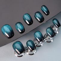 Peacock Green Cat Eye Press-On Nails Short Ballet Shape Reusable Gel Nail Tips Women XS Includes 3-piece set: nail tips tools black